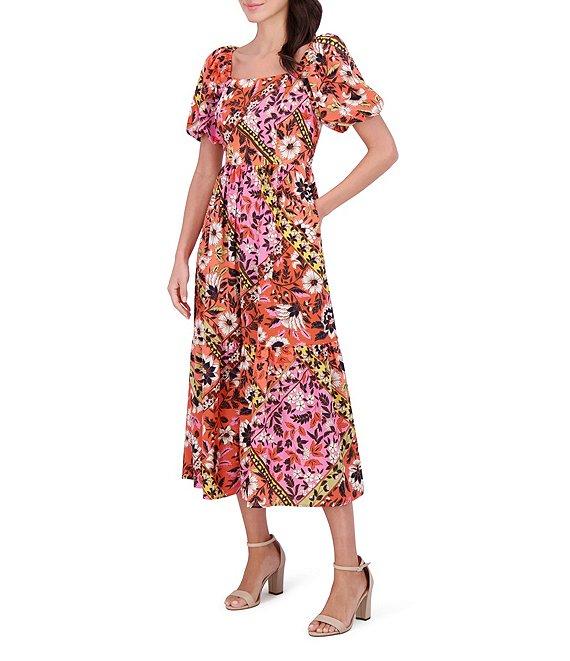 Vince Camuto Woven Square Neck Short Puff Sleeve Midi Dress Product Image