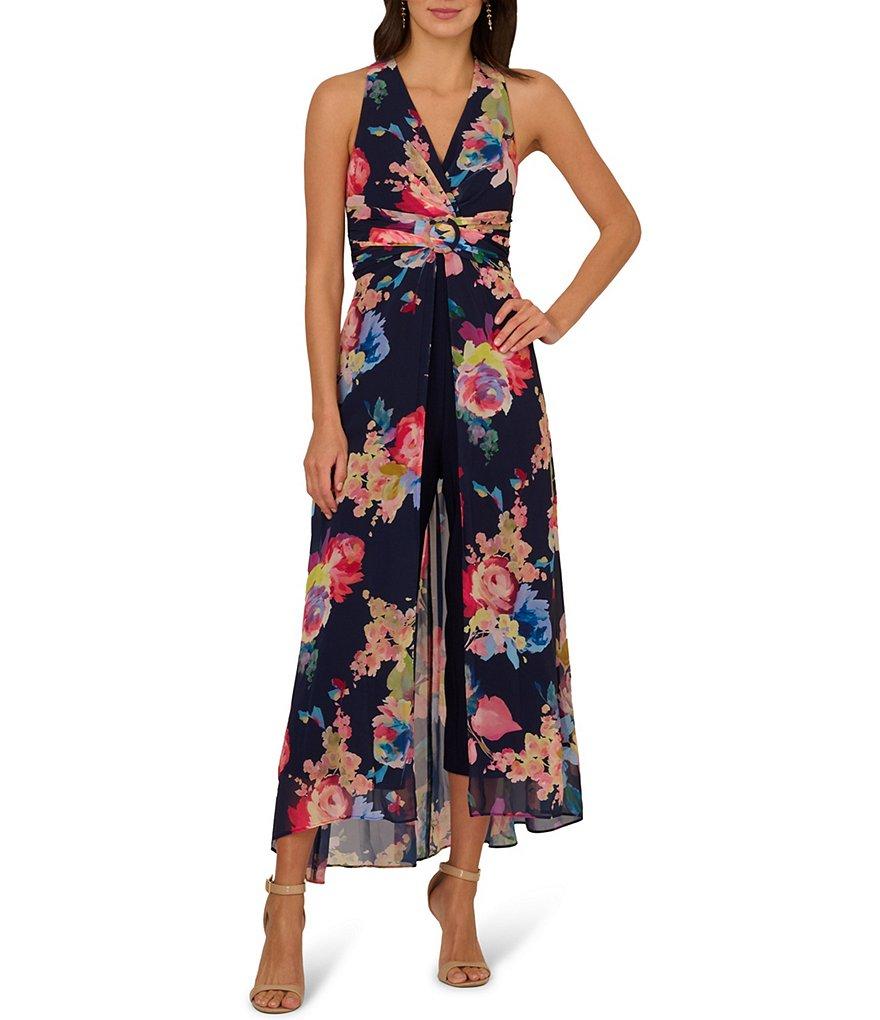 Adrianna Papell V-Neck Sleeveless Printed Chiffon Walk Thru Jumpsuit Product Image