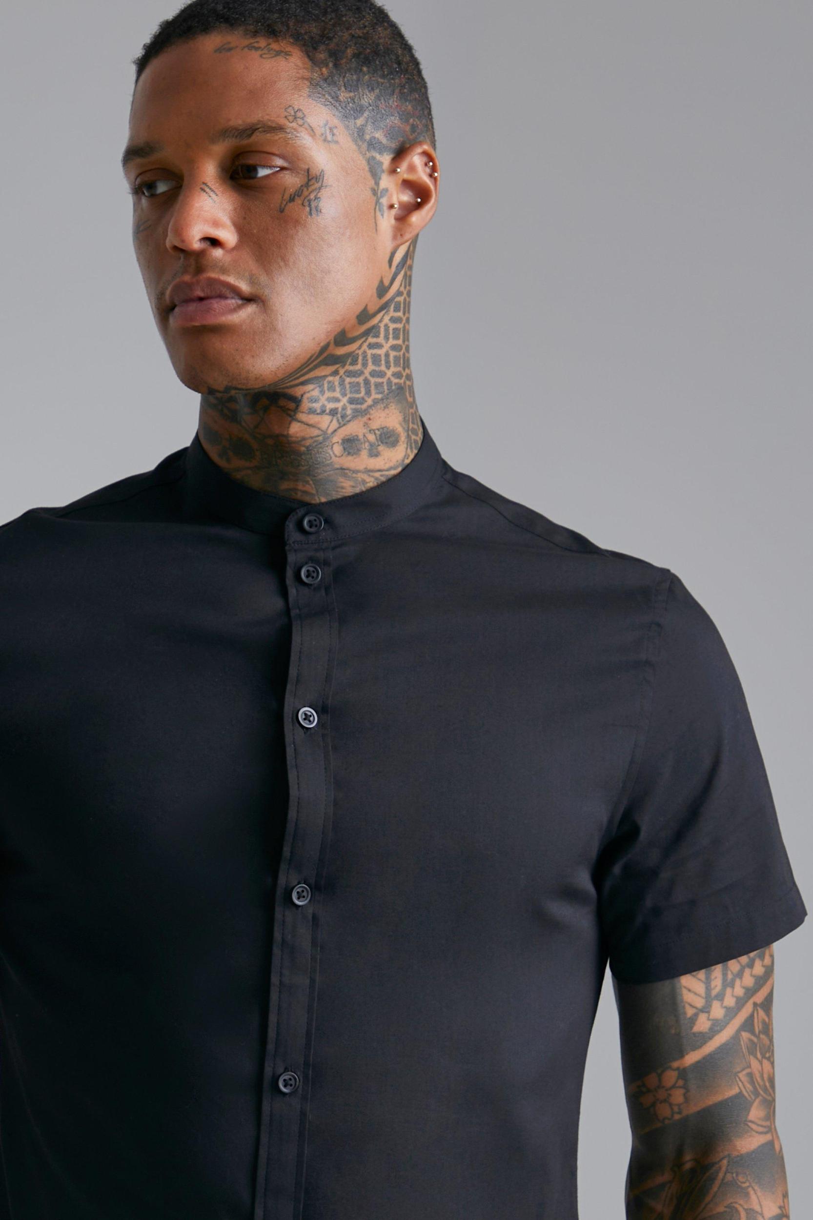 Short Sleeve Grandad Stretch Fit Shirt | boohooMAN USA Product Image