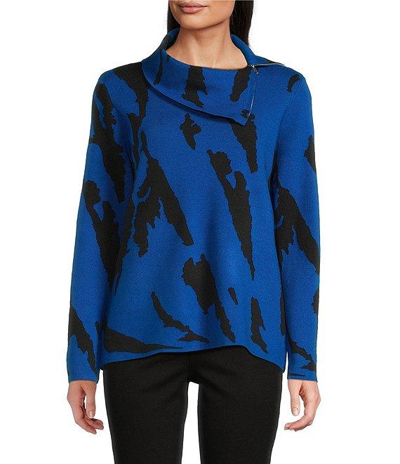 Ali Miles Jacquard Knit Abstract Stripe Split Cowl Zipper Neck Long Sleeve Pop-Over Sweater Product Image