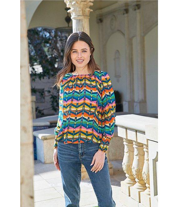 APNY Woven Printed Crew Neck Long Sleeve Smocked Blouse Product Image