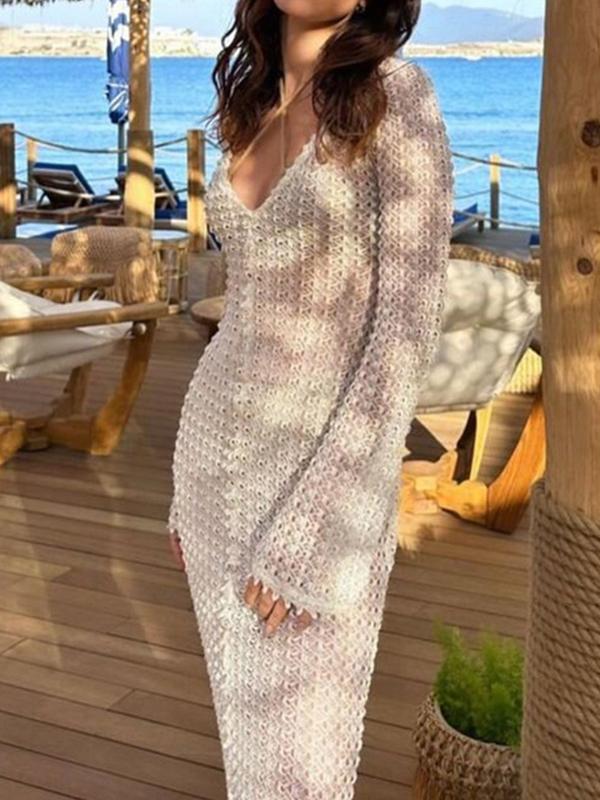 White Knitted Cutout Long Sleeve Cover Up Dress Product Image