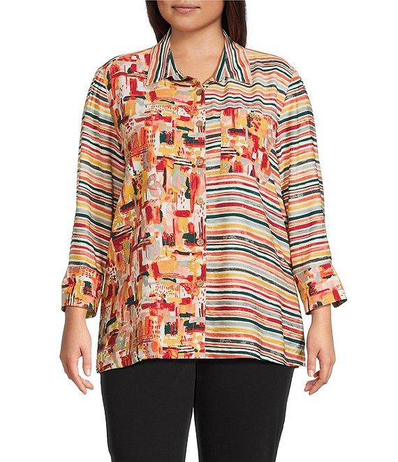 Multiples Plus Size Woven Multi Print Point Collar 3/4 Sleeve Button Front Fitted Shirt Product Image