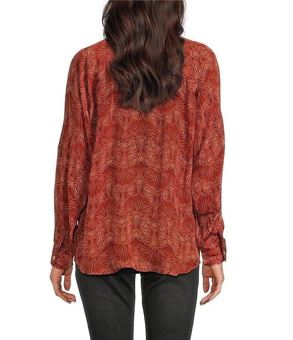 APNY Woven Printed Spread Collar Long Sleeve Blouse Product Image