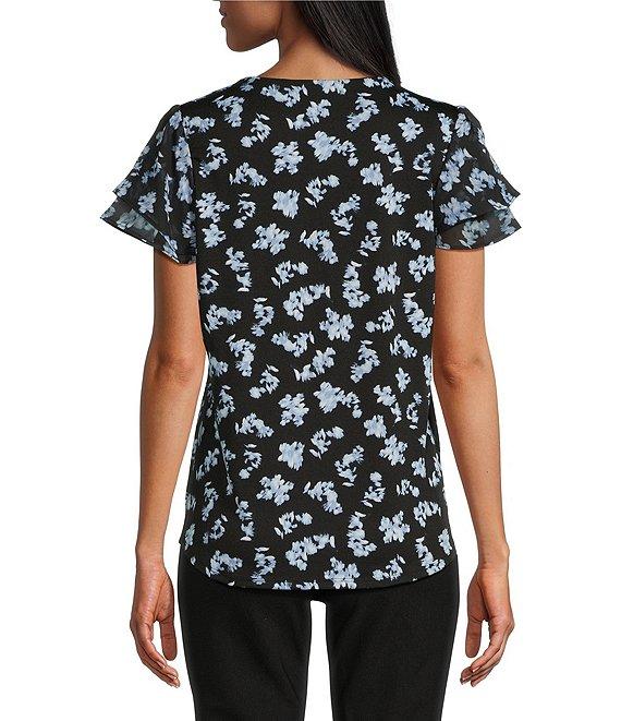 Jones New York Moss Crepe V-Neck Double Flutter Sleeve Top Product Image