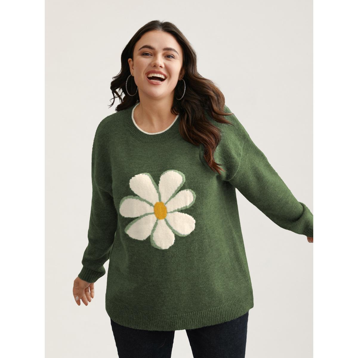 Plus Size Floral Textured Crew Neck Pullover DarkGray Women Playful Loose Long Sleeve Round Neck Casual Pullovers BloomChic 22-24/3X Product Image