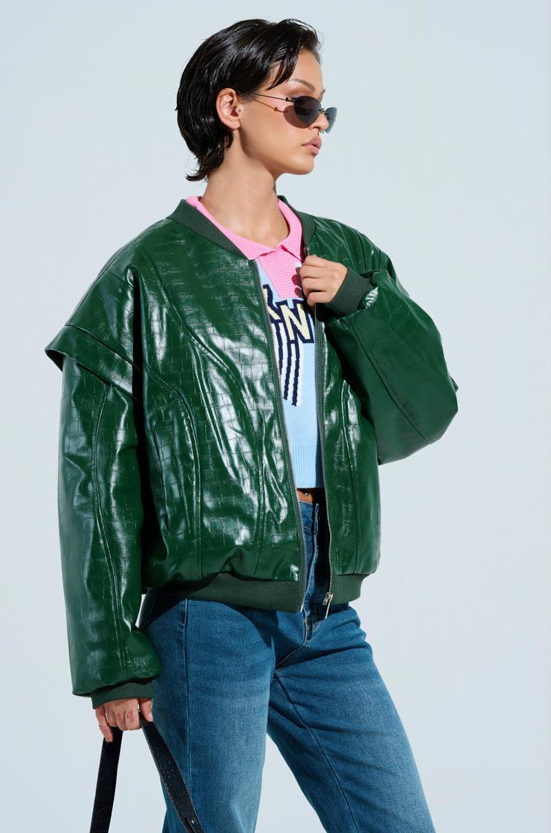 YOKON EMBOSSED FAUX LEATHER BOMBER Product Image