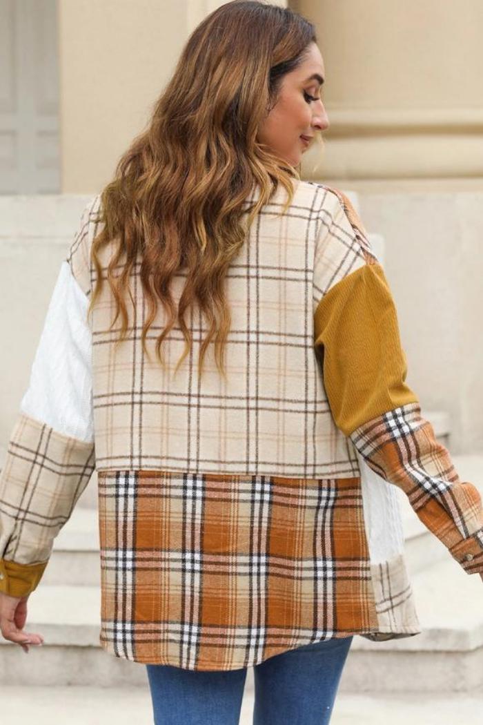 Plaid Color Block Patchwork Shirt Jacket with Pocket Product Image