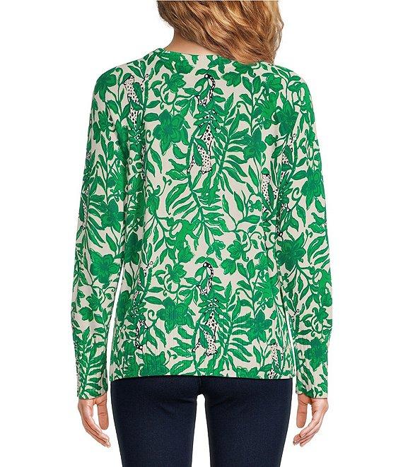 Lilly Pulitzer Salima Knit Leaf Print Crew Neck Bracelet Sleeve Ribbed Sweater Product Image