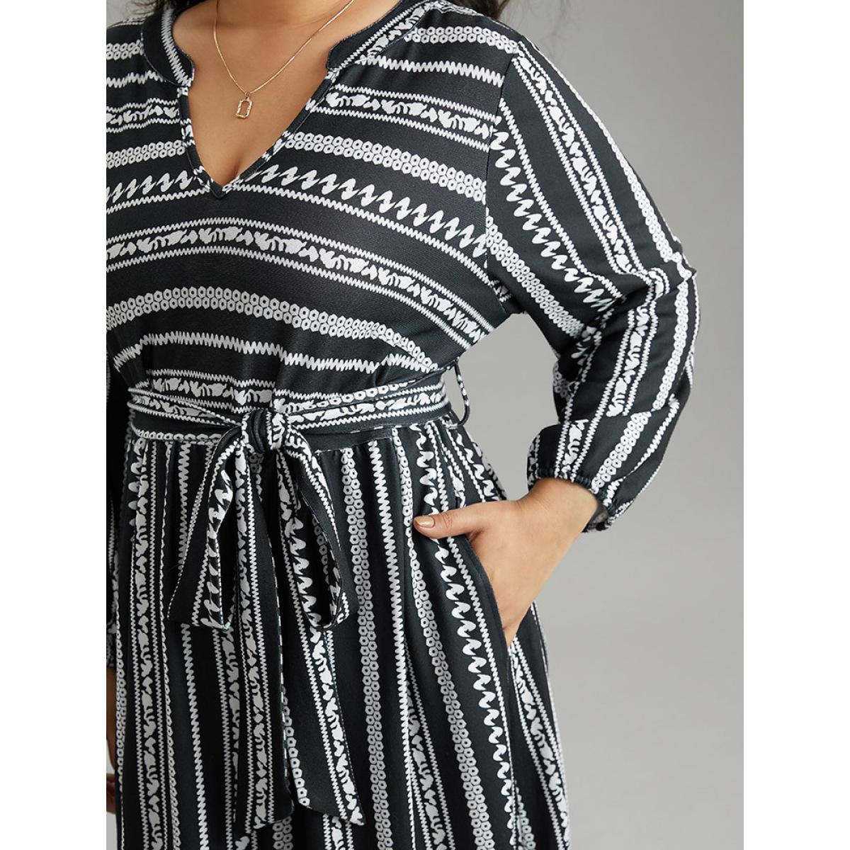 Plus Size Striped Notched Belted Lantern Sleeve Dress Black Women Casual Elastic cuffs Notched collar Long Sleeve Curvy Midi Dress BloomChic 18-20/2X Product Image
