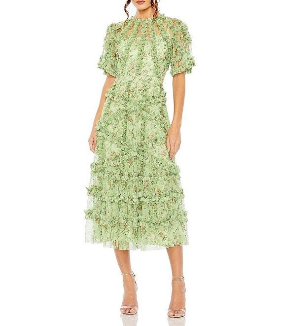 Mac Duggal Floral Print Ruffle Embellished Short Flutter Sleeve Crew Neck Midi Dress Product Image