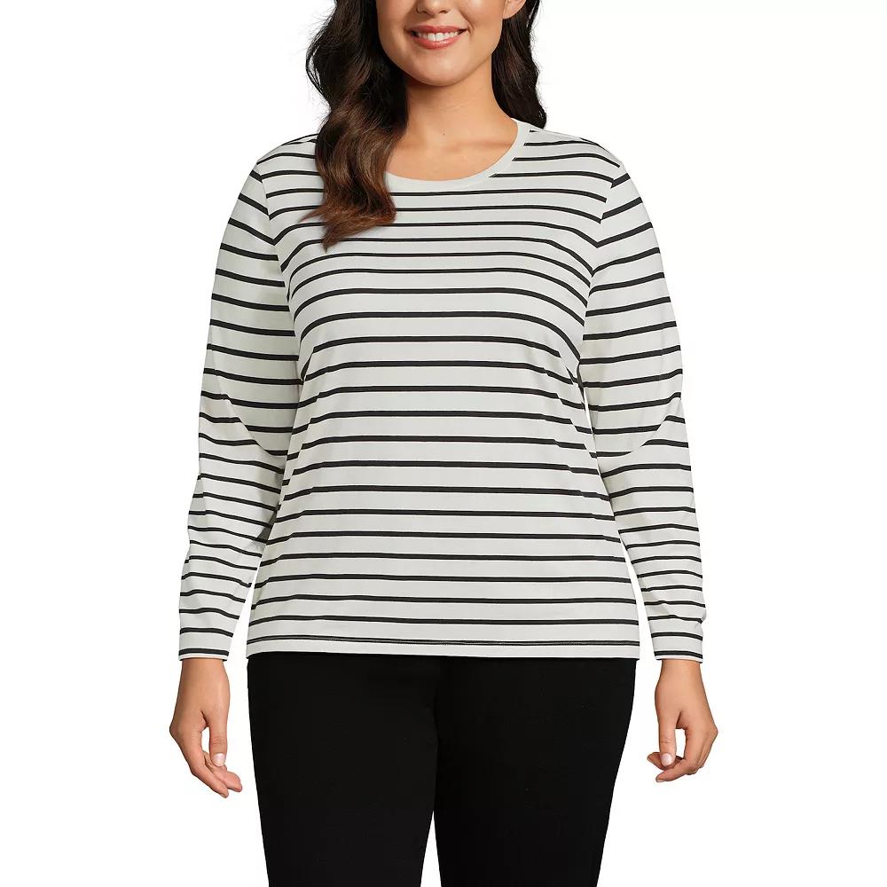 Plus Size Lands' End Long Sleeve Relaxed Supima Cotton Crewneck Tee, Women's, Size: 1XL, Ivory Black Stripe Product Image