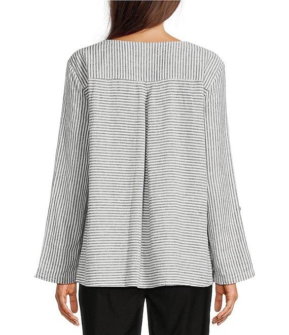 Ali Miles Woven Yarn-Dyed Linen Blend Scoop Neck 3/4 Roll-Tab Sleeve Tunic Product Image