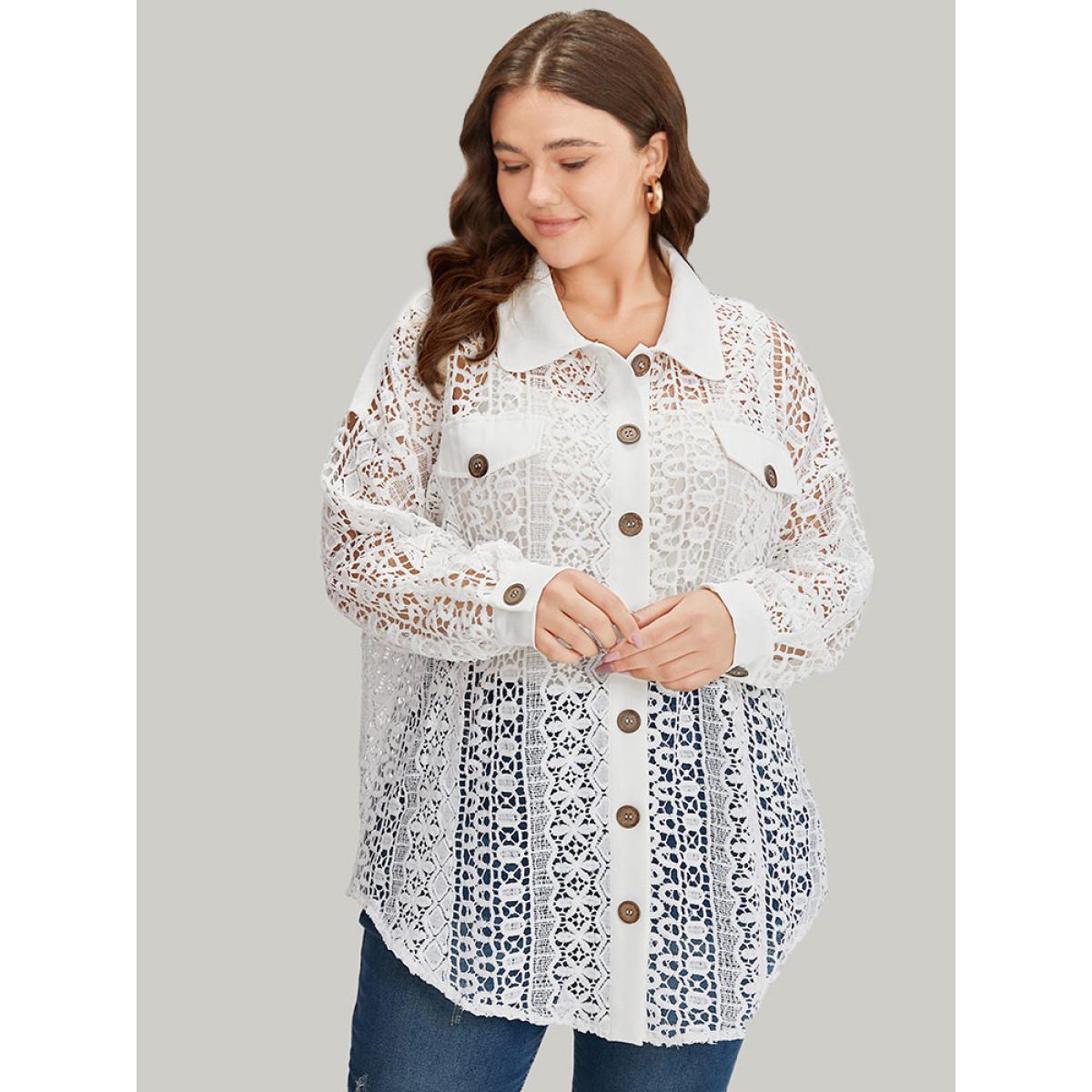 Plus Size Plain Cut Out Lace Patchwork Button Through Jacket Women White Casual Patchwork Ladies Dailywear Winter Coats BloomChic 10/M Product Image