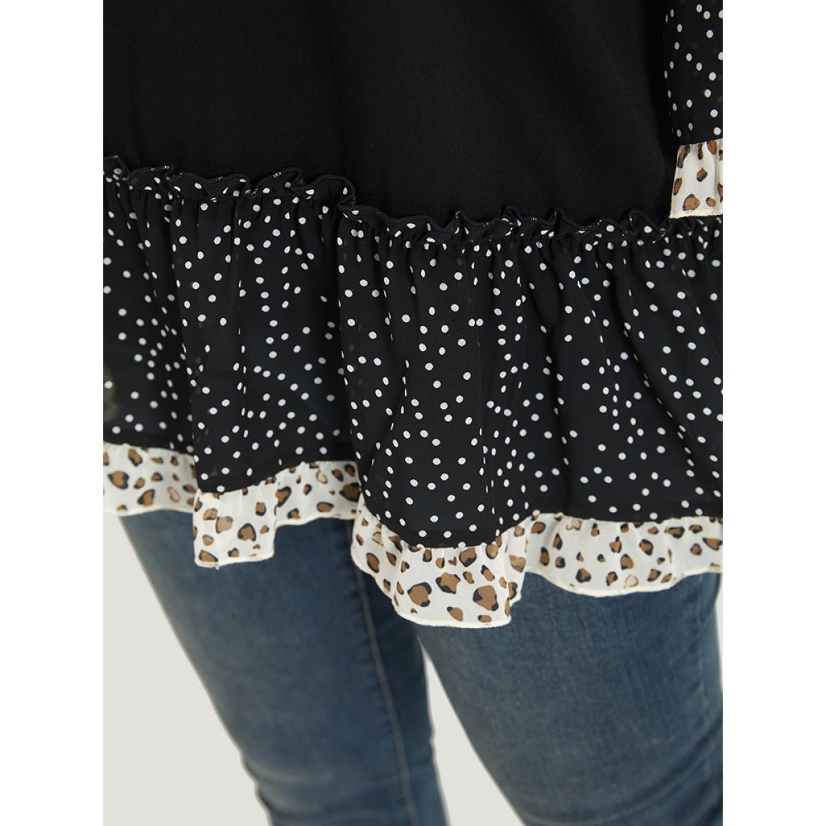 Plus Size Multicolor Floral & Polka Dot Flutter Trim Patchwork Blouse Women Elegant Half Sleeve Round Neck Dailywear Blouses BloomChic 26/4X Product Image