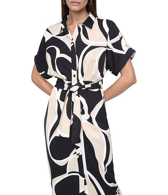 DKNY by Donna Karan Woven Geometrical Print Point Collar Neck Short Sleeve Button Front Waist Tie Shirt Midi Dress Product Image
