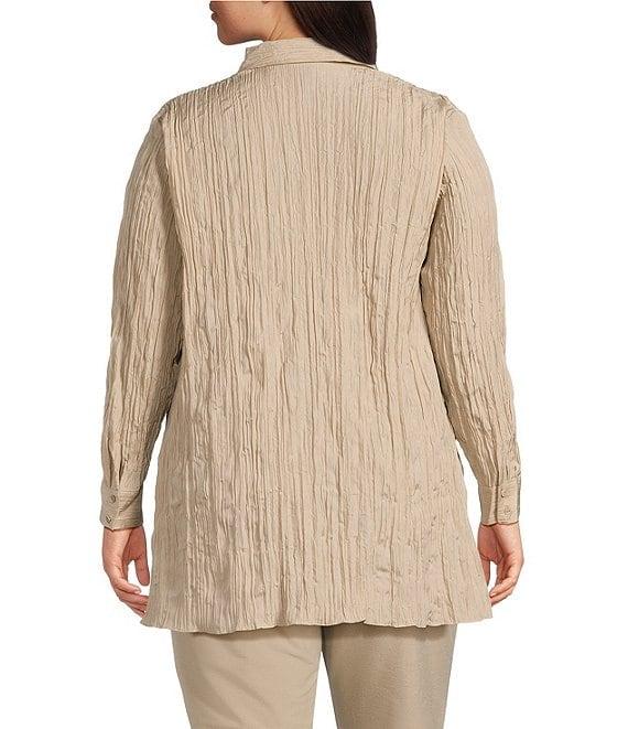 Eileen Fisher Plus Crinkle Silk Classic Collar Long Sleeve Button Down Shirt Product Image
