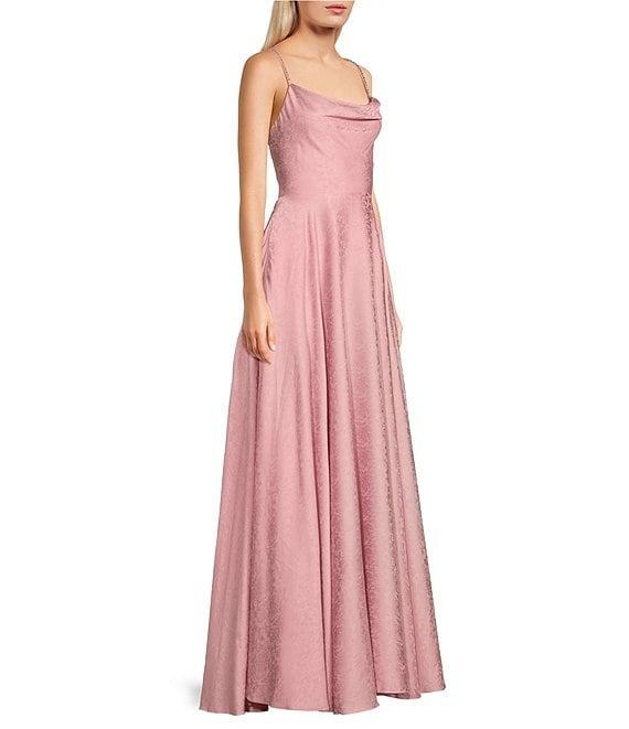 B. Darlin Satin Floral Print Cowl Neck Lace-Up Back Long Dress Product Image