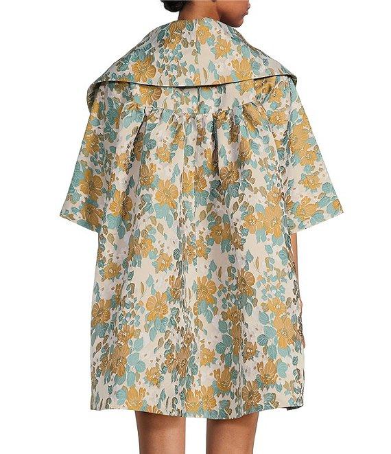 Buru Brocade Floral Oversized Point Collar 3/4 Sleeve Pocketed Topper Jacket Product Image