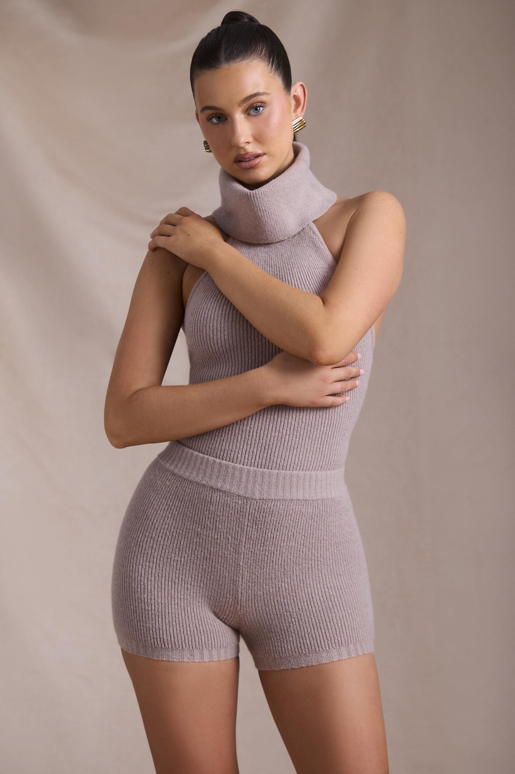 Ribbed-Knit Turtleneck Backless Top in Taupe Product Image