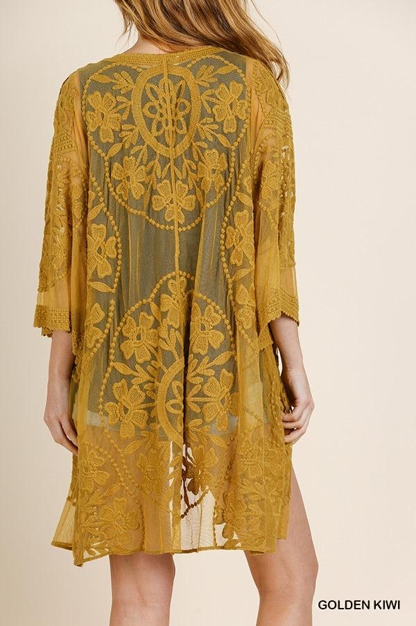 1136   ReeAnn Floral Lace Kimono w/ Waist Tie - Reg & Plus Product Image