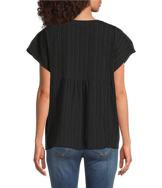 Calessa Petite Size Embroidered Split V-Neck Cap Sleeve Tunic Product Image