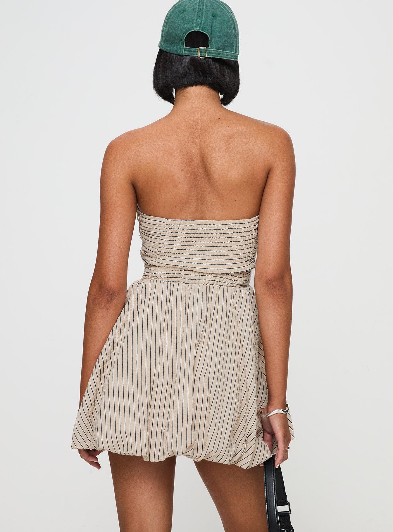 Quinette Strapless Bubble Hem Mini Dress Beige Stripe Product Image