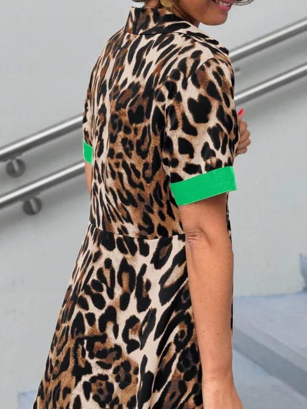 Loose Short Sleeves Buttoned Contrast Color Leopard Lapel Maxi Dresses Shirt Dress Product Image