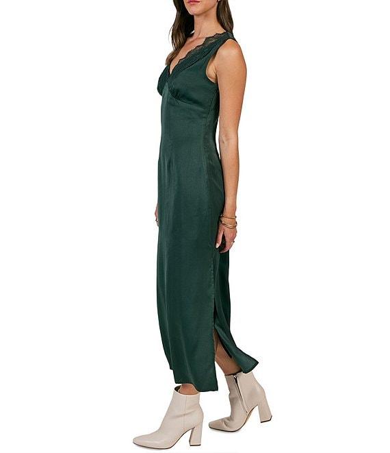 Sage The Label Write Poetry Satin V Neck Sleeveless Lace Trim Maxi Dress Product Image