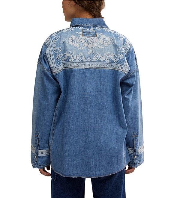Free People We The Free Lace Embroidered Denim Point Collar Neck Long Sleeve Button Front Top Product Image