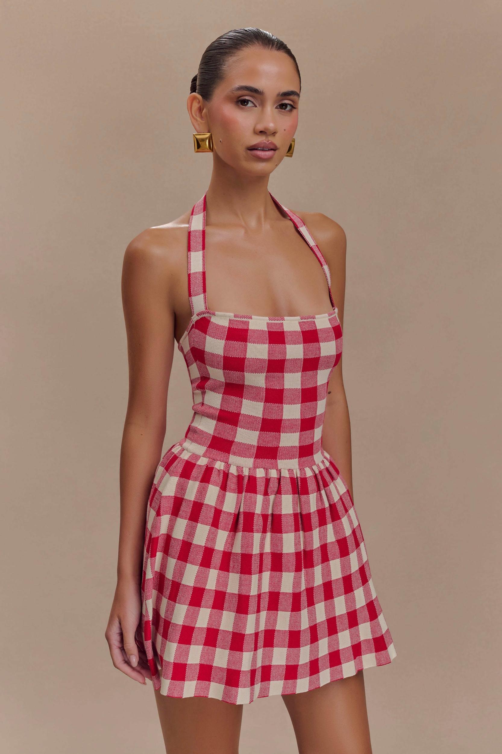Lindsay Halter Knit Mini Dress - Red Gingham Product Image