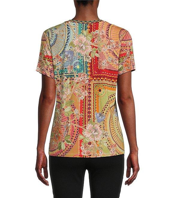 JOHNNY WAS Janie Favorite Mosaic Tile Patchwork Print Bamboo Knit Jersey V-Neck Short Sleeve Tee Product Image