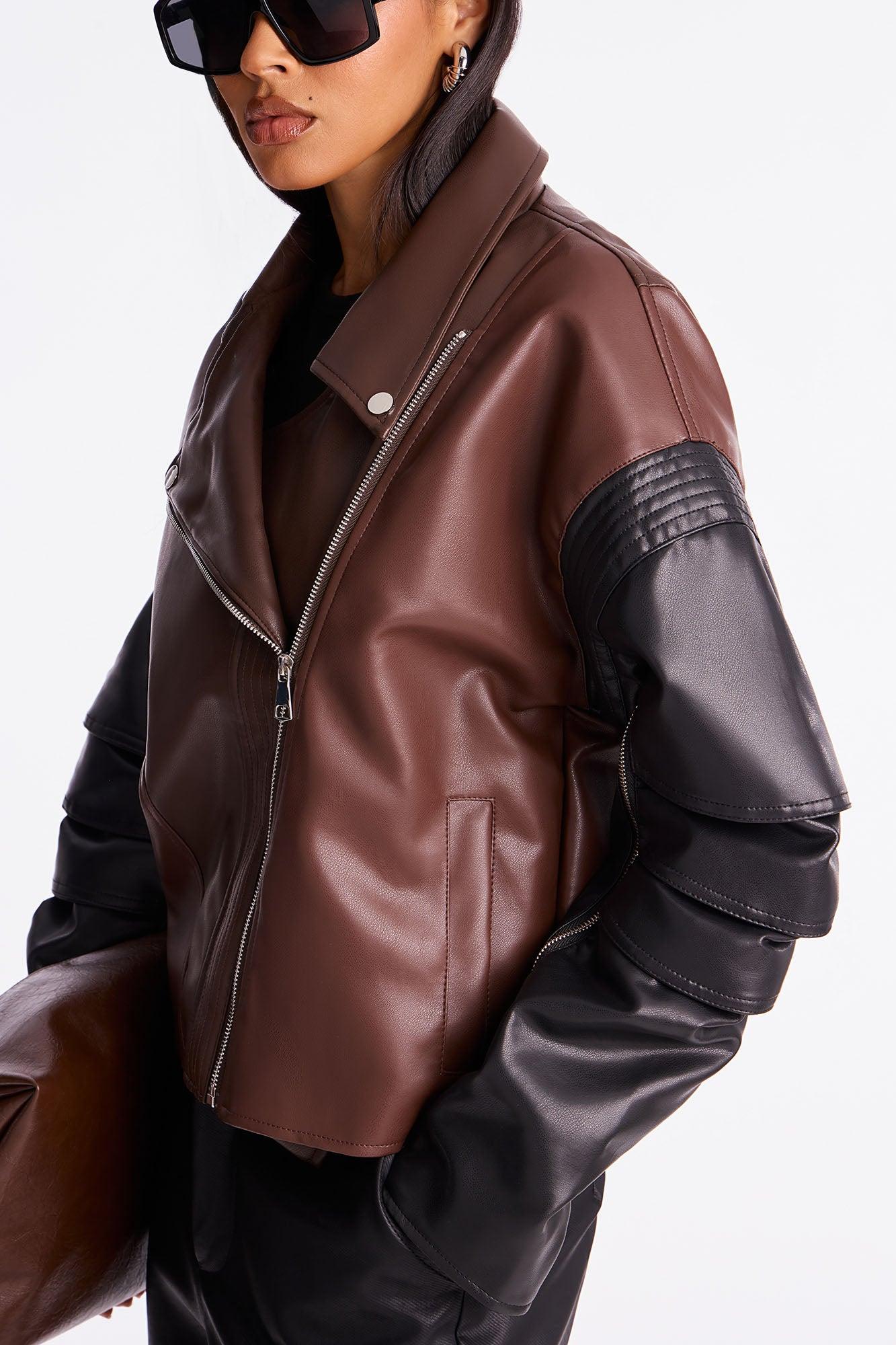 Bet On Me Oversized Faux Leather Moto Jacket - Brown/combo Female Product Image