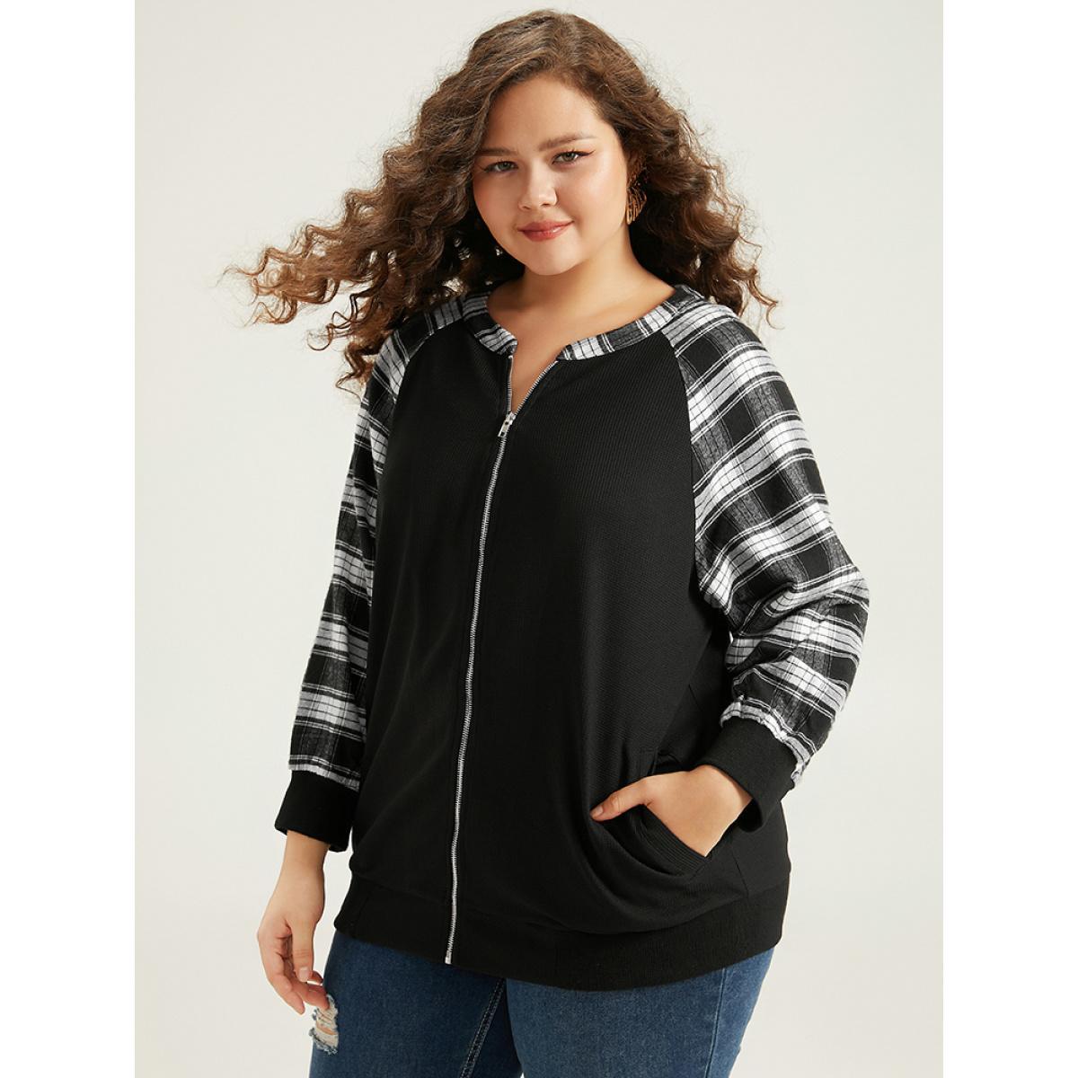 Plus Size Plaid Patchwork Pocket Zipper Fly Jacket Women Black Elastic cuffs Pocket Dailywear Jackets BloomChic 14-16/1X Product Image