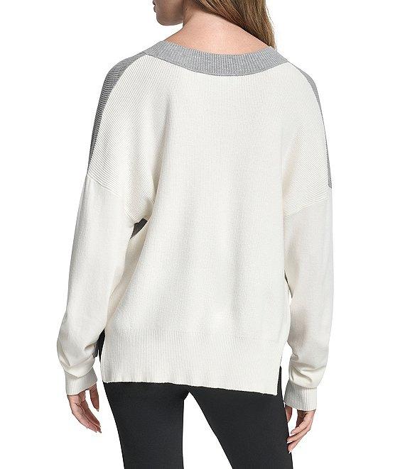 DKNY by Donna Karan Colorblock V-Neck Long Sleeve Sweater Product Image