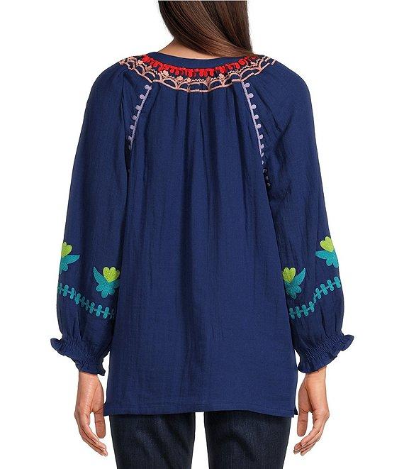 Tru Luxe Jeans Multi-Color Embroidered Gauze Split V-Neck 3/4 Smocked Sleeve Top Product Image