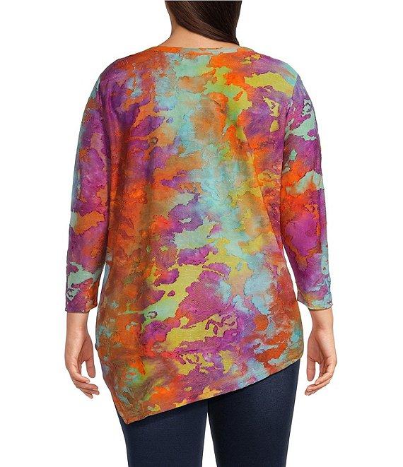 Calessa Plus Size Stretch Burnout Knit Tie-Dye Crew Neck 3/4 Sleeve Asymmetric Hem Tunic Product Image