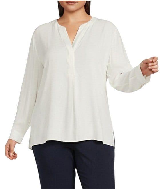 Investments Plus Size Nora Long Sleeve Y-Neck Drapey Twill Blouse Product Image