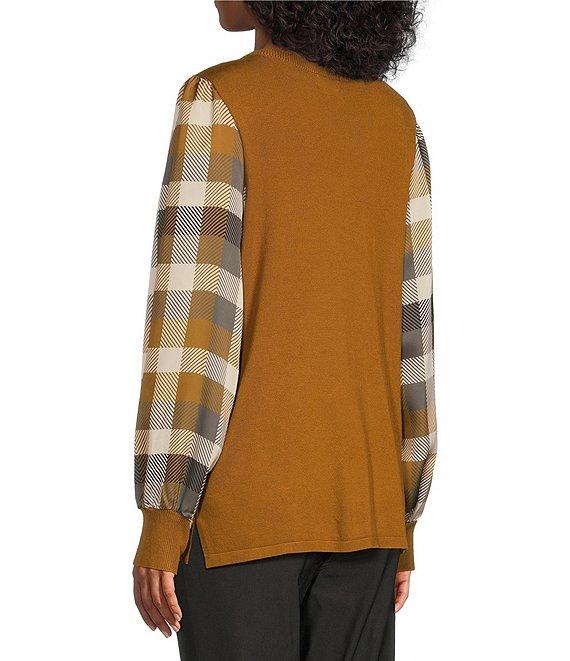 Multiples Mixed-Media Scalloped Neck Long Plaid Sleeve Fitted Sweater Product Image