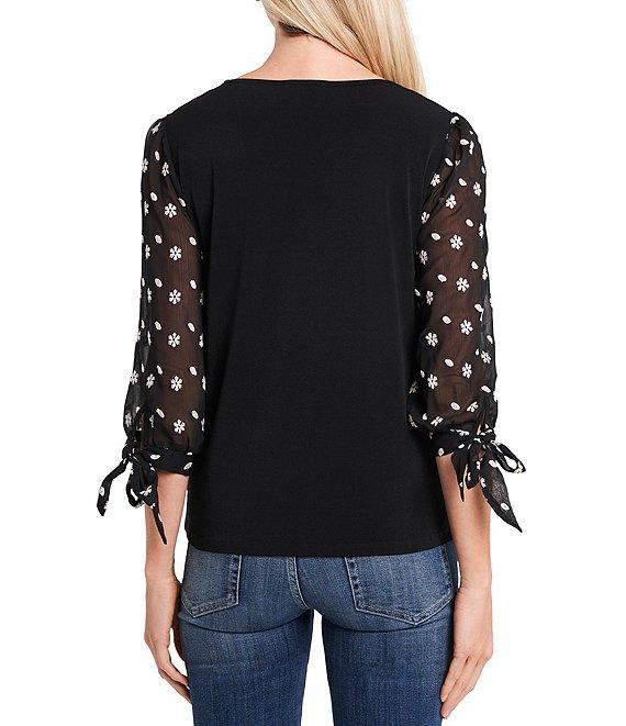 CeCe Floral Embroidered 3/4 Tie Sleeve Crew Neck Knit Top Product Image