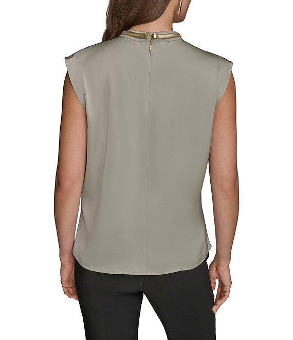 Donna Karan Satin Back Crepe Hardware Twist Neck Cap Sleeve Blouse Product Image