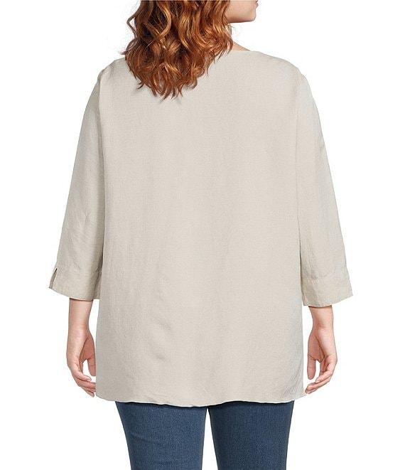 Ali Miles Plus Size Linen Blend V-Neck 3/4 Sleeve Asymmetrical Button Detail Tunic Product Image