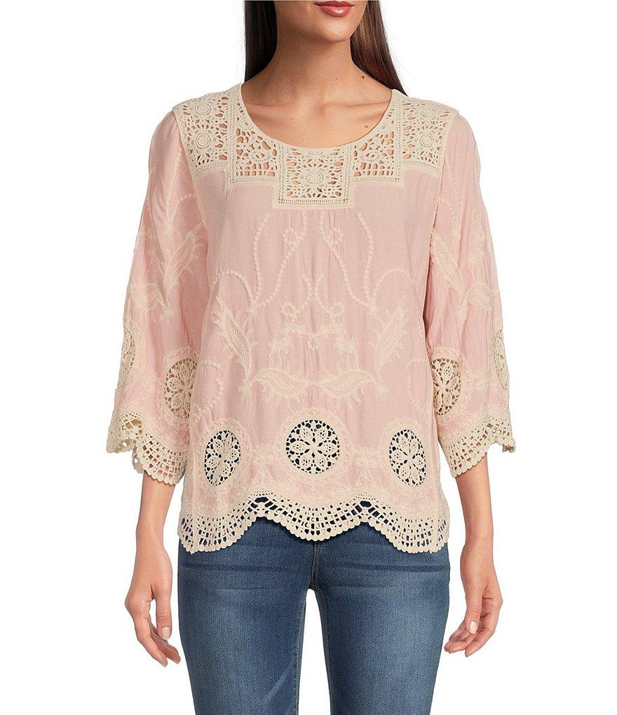 Leo & Nicole Woven Allover Embroidered Scoop Neck 3/4 Sleeve Lace Yoke Top Product Image