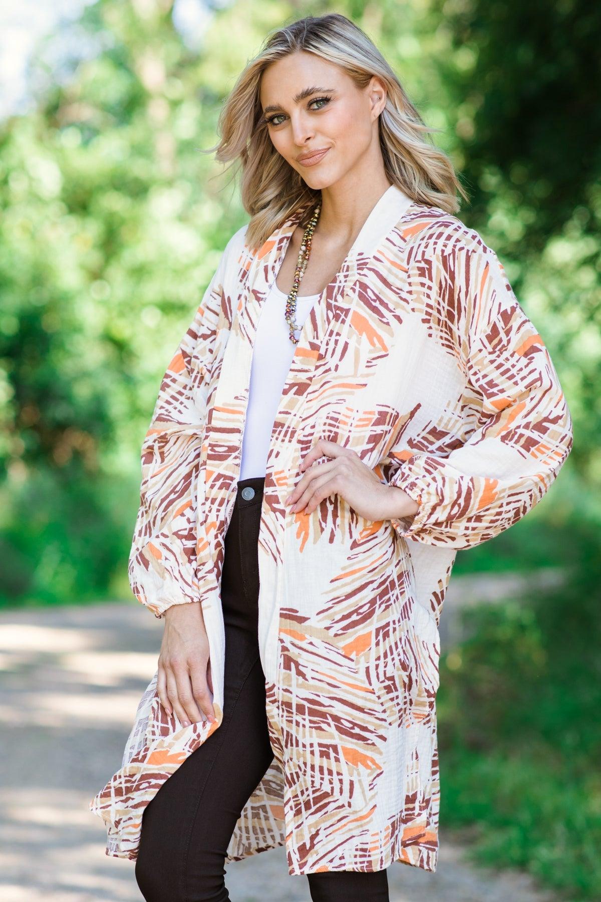 Ivory and Brown Palm Print Mid Length Cardigan Product Image