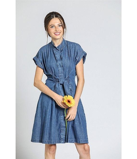 APNY Banded Collar Short Sleeve Button Front Shirt Dress Product Image