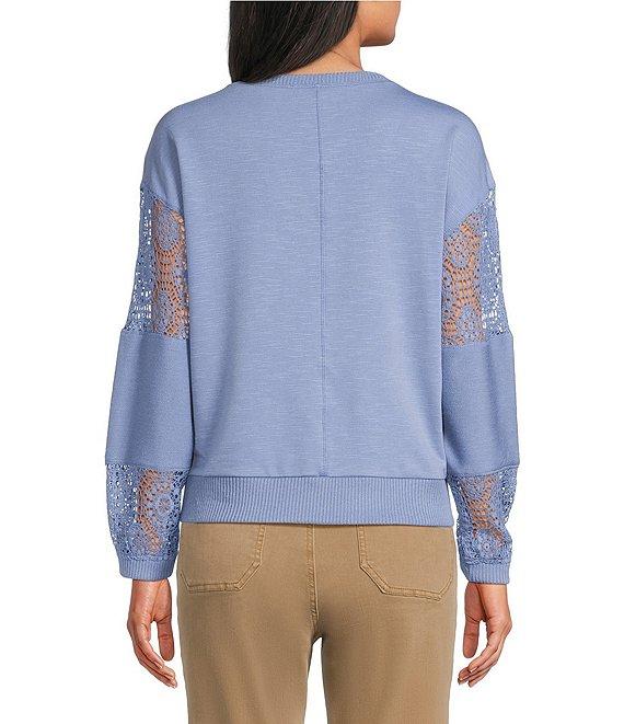 Nurture Petite French Terry Lace & Rib V-Neck Drop Shoulder Front Pocket Knit Pullover Product Image