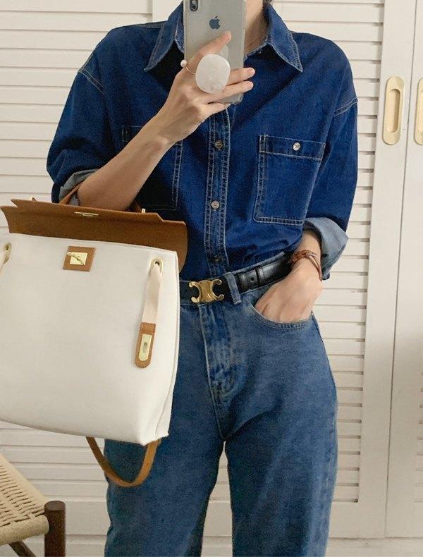 Button Down Denim Long Sleeve Blouse Product Image