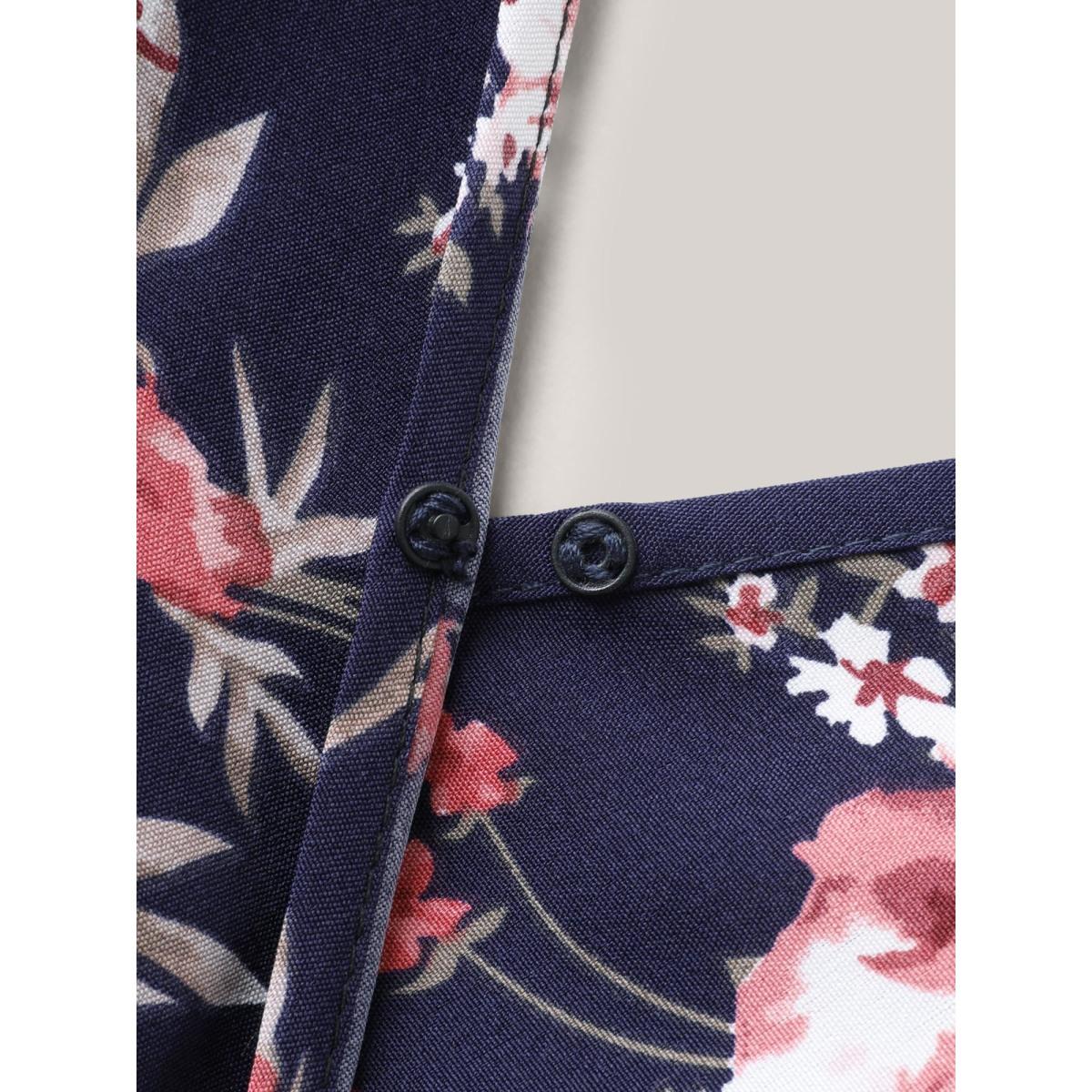 Plus Size DarkBlue Large Flower Pattern Pockets Belted Jumpsuit Women Elbow-length sleeve Overlap Collar Everyday-Elegant Loose Jumpsuits BloomChic 14-16/1X Product Image