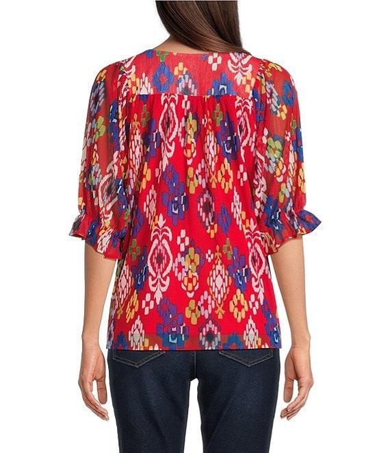 Calessa Petite Size Mesh Knit New Ikat Printed Square Neck Elbow Sleeve Tunic Product Image