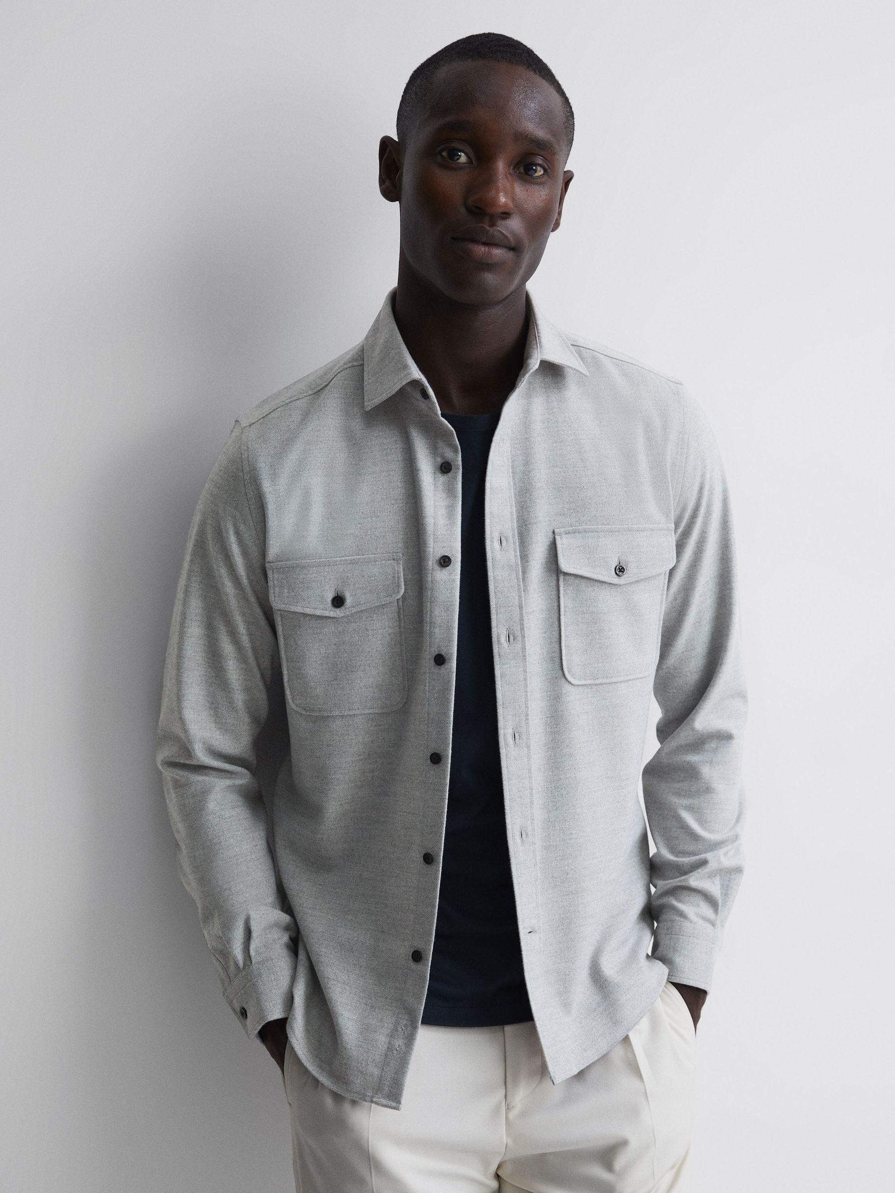 Button Through Twin Pocket Overshirt in Soft Grey Melange Product Image